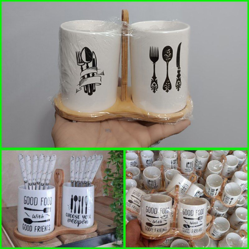 تصویر جا قاشقی سرامیکی ۲ قلو زیره چوبی 